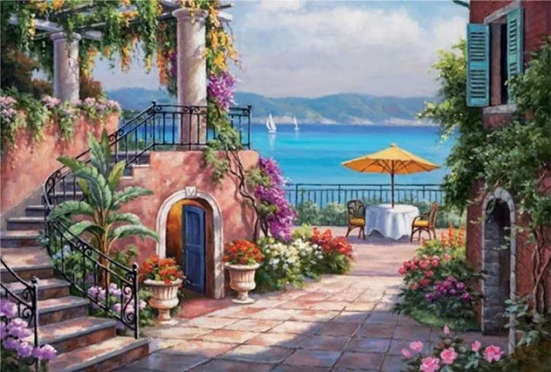 Mediterranean Balcony View on Framed Canvas Pictures Home Decoration Print