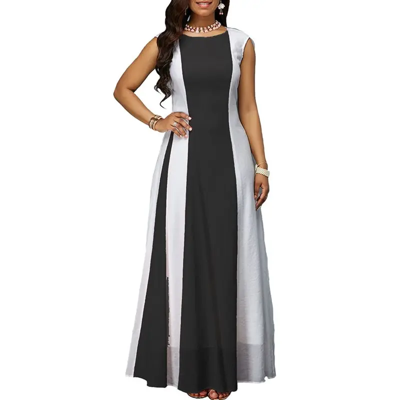 

Women Party Chiffon Long Dress Elegant Evening Colo Block Pink Summer African Sleeveless Big Swing Black Plus Size Maxi Dresses