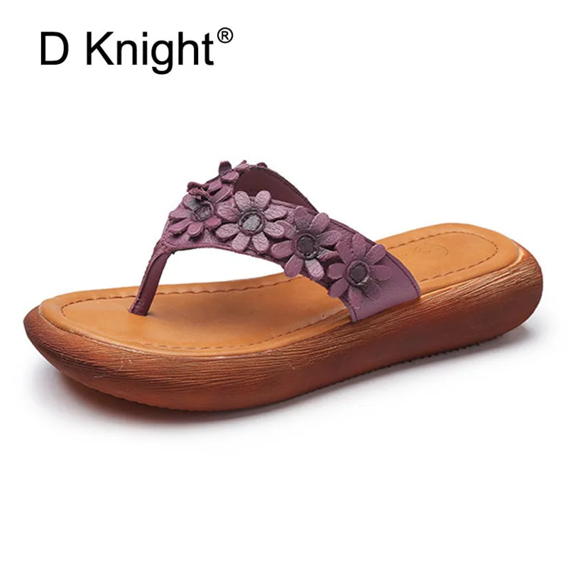 2018 Summer New Flip Flops Original Leather Sweet Flower Women Sandals Comfortable Slope Lady Flat Platform Shoes Ethnic Slipper (4)