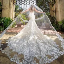 На заказ 4 м Фата невесты с кружевной аппликацией по краям Длинная фата для собора Однослойная фатиновая Фата невесты с гребнями