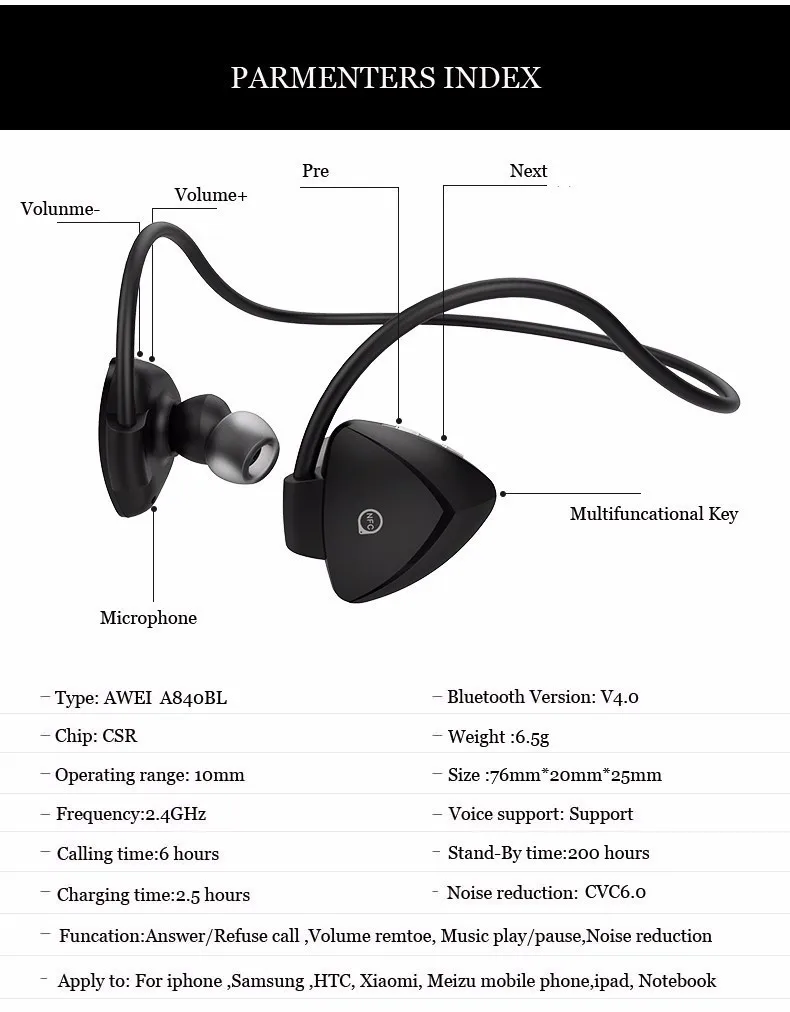 afbreken Zus moed AWEI 840 Waterproof Bluetooth Earphones Wireless Earbuds With Mic Stereo  Headset|earbuds with mic|wireless earbudsbluetooth earphone - AliExpress