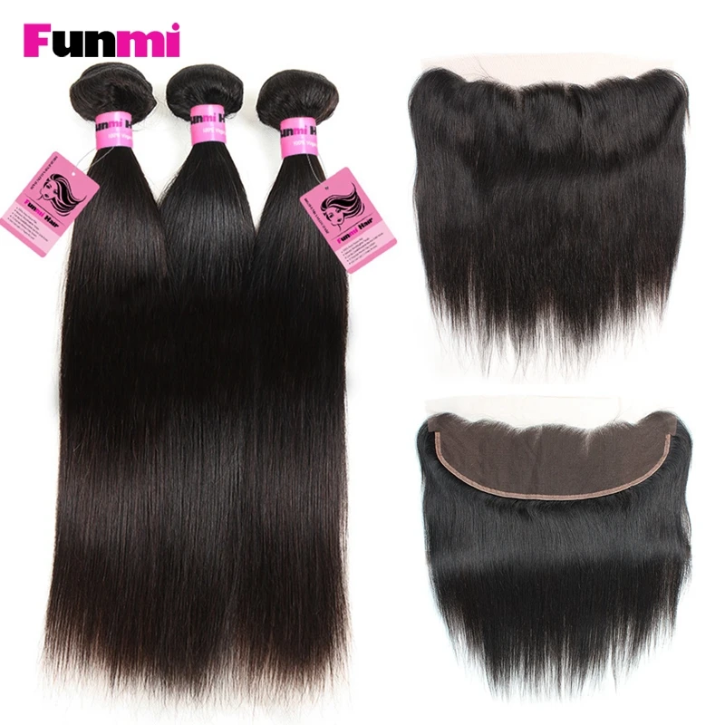 Funmi 3 StÜcke Peruanische Reine Haarbündel Mit Spitze Frontal Gerade Bundles Mit Frontal 100% Haar Bundles Für Salon Haar üBerlegene Materialien Salonpackung-haarbündel