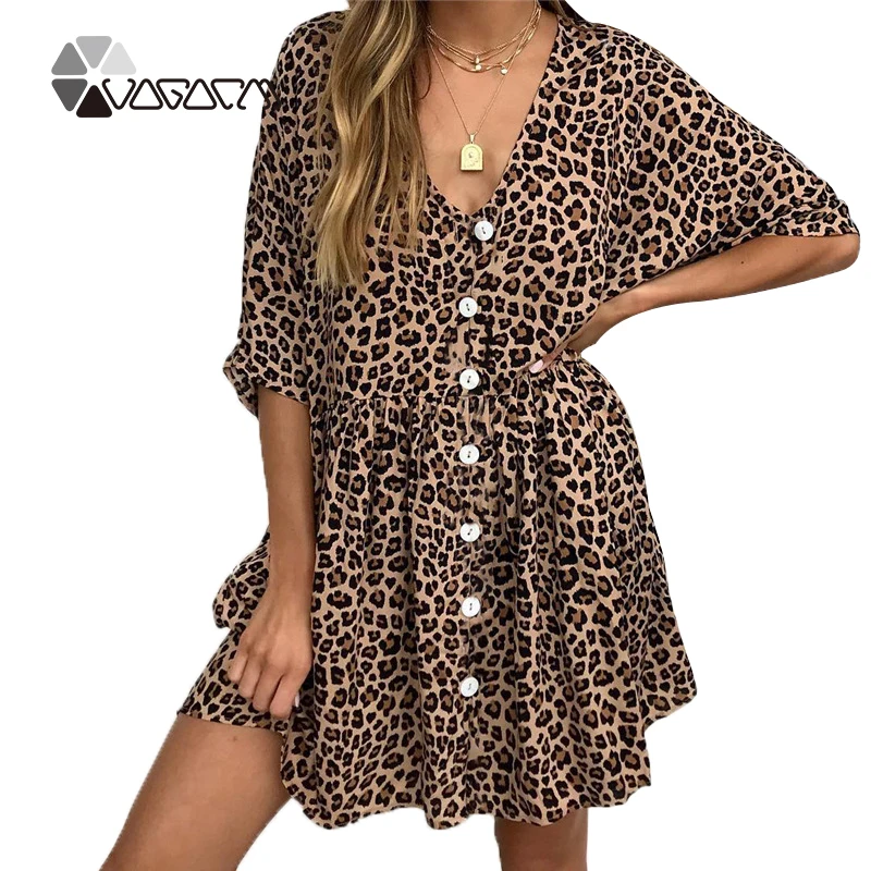 

2019 New Lady Leopard Floral Printed Summer Dresses Women Sexy V-neck Buttons Party Dress Casual Short Sleeve Pockets Sundress