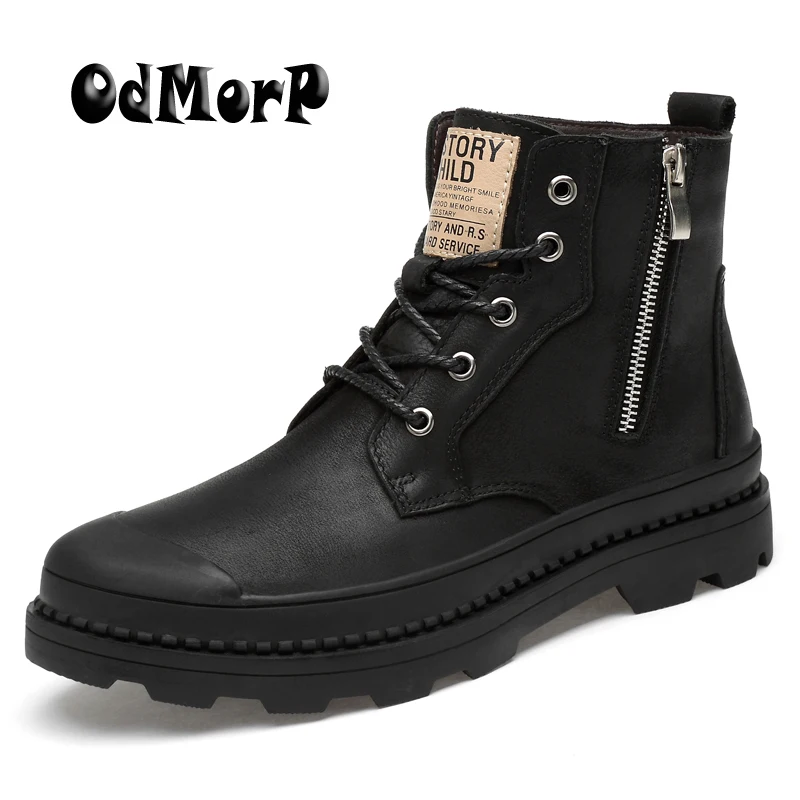 

ODMORP Men Boots Genuine Leather Winter Motocycle Boots With Zip Fashion Mens Winter Shoes Men Big Size 47 Warm Fur Ankle Boot