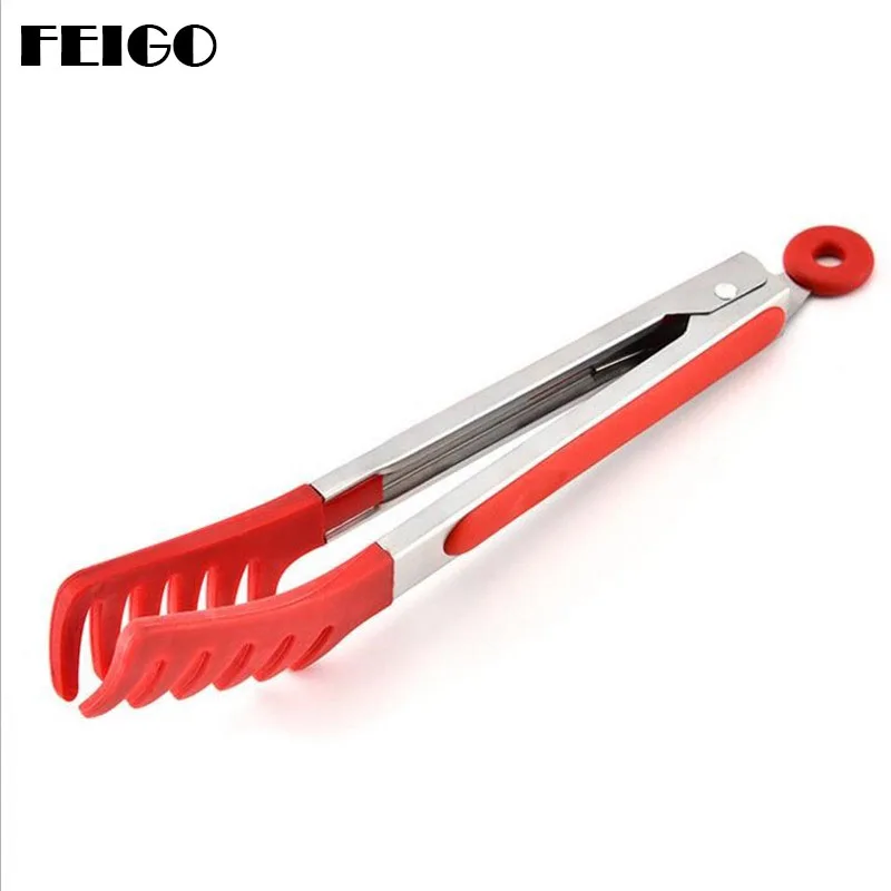 

FEIGO 1Pcs Bread Clip Silicone Cover Handle Kitchen Tongs Lock Design BBQ Tongs Clip Stainless Steel Utensils Food Tongs F368