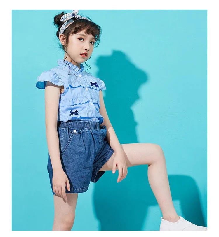 Ruffles Collar Little Kids Blouse For Girls 2019 Bow Blue Teenage Girl Blouse Shirt School Summer Short Sleeve Tops Clothing 4 5 6 7 8 9 10 11 12 13 14 15 16 years little teen kids shirts for girls (5).jpg
