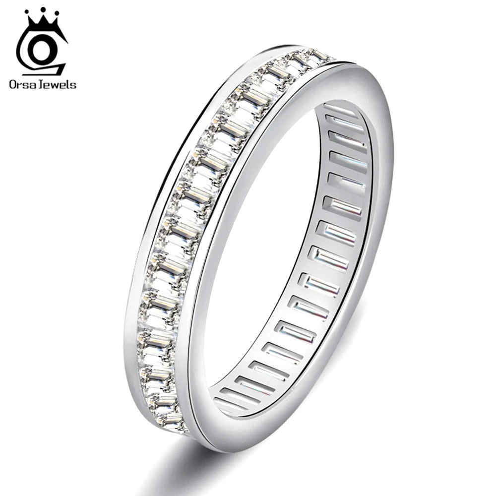 ORSA JEWELS Wedding Bands Silver Color Ring Full Invisible Setting Retangel CZ Eternity Rings for Women Engagement Gift OR62