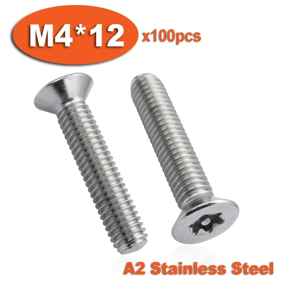 100pcs DIN7991 M4 x 12 A2 Stainless Steel Torx Flat Countersunk Head Tamper Proof Security Screw