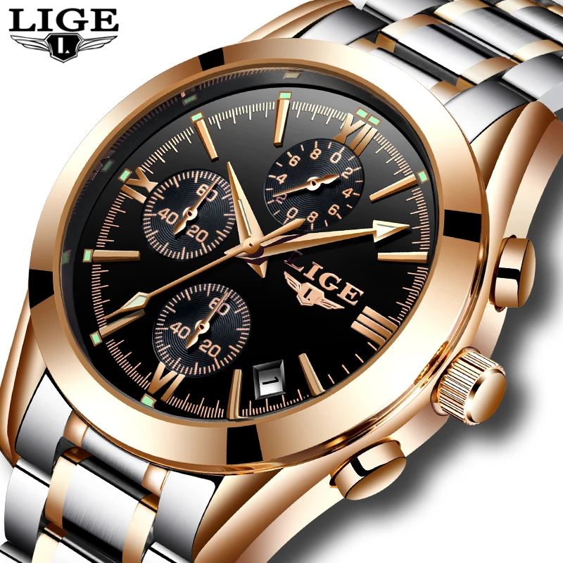 

Relogio Masculino LIGE mens watch top brand luxury military quartz clock steel full sports business casual waterproof gold watch