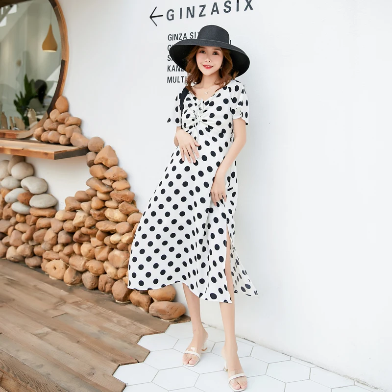 

9019# Dot Printed Chiffon Maternity Party Long Dress Elegant Summer Fashion Clothes for Pregnant Women A Line Slim Hot Pregnancy