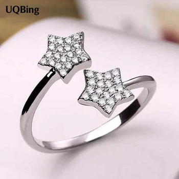 

New Arrivals 925 Sterling Silver Rhinestone Double Star Open Ring For Girl Women Gift Jewelry