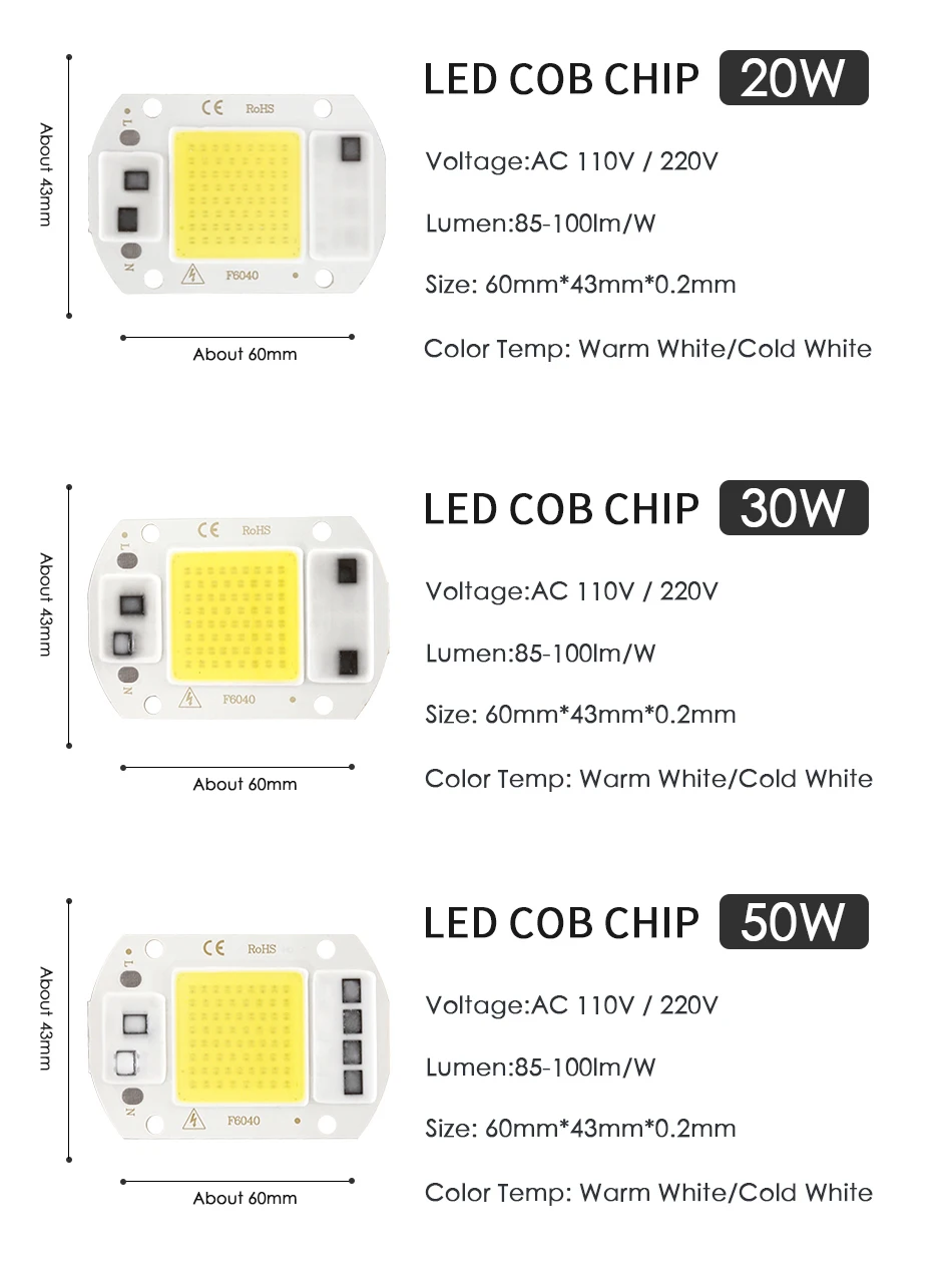 LED COB chip Smart IC Bead No Driver DIY Y32 3W 5W 9W 10W 20W 30W 50W 100W 150W Spotlight Floodlight Lamp 220V 110V White Light