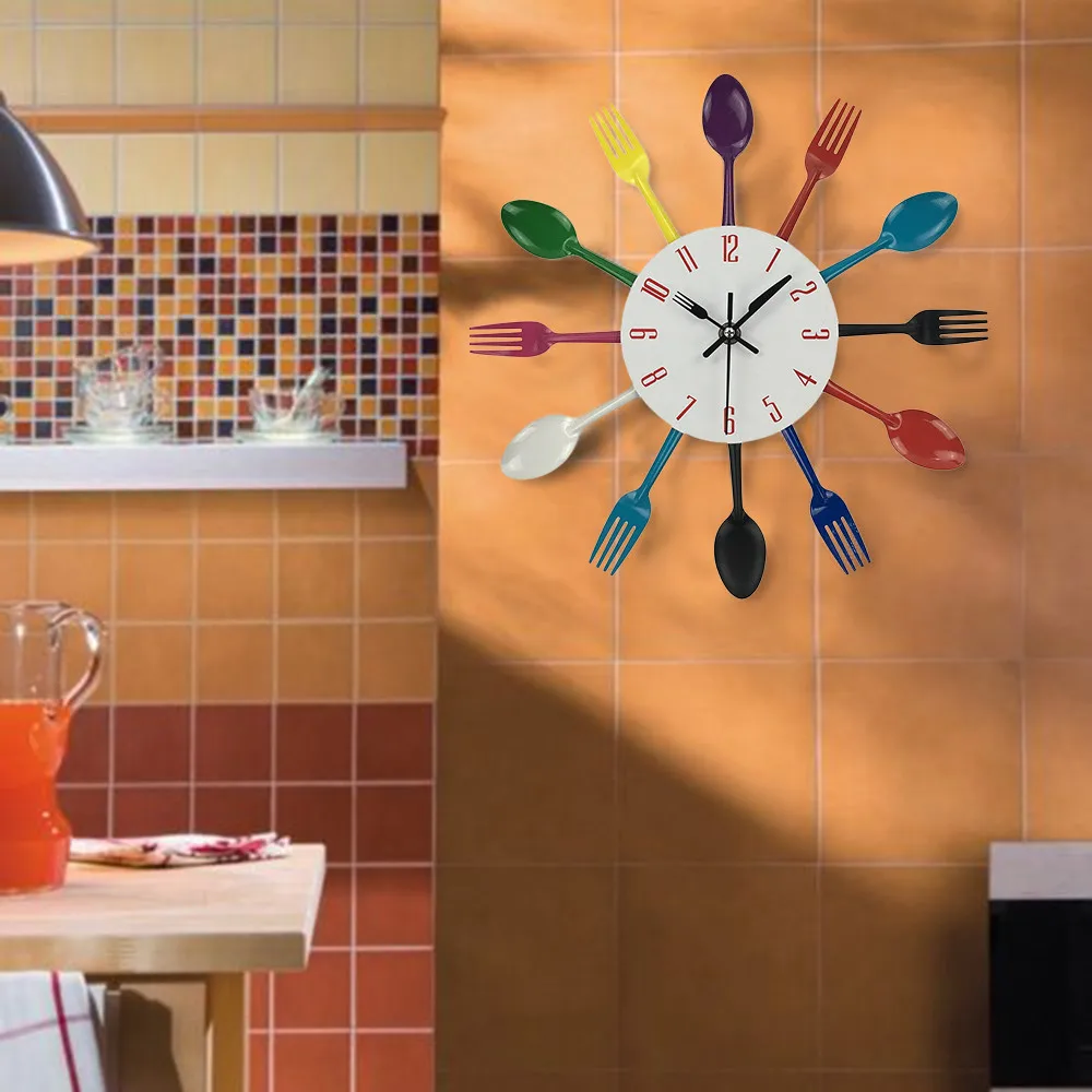 Современная серебряная посуда для кухни 3d DIY Цифровая настенная ложка с часами вилка Хрустальная Зеркальная Наклейка часы для гостиной украшение дома