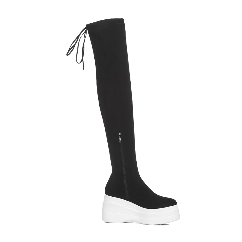 EshtonShero Women Over The Knee Boots Wedge High Heel Shoes Lace Up Round Toe Elastic Band Woman Ladies Motorcycle Boot Size 3-8