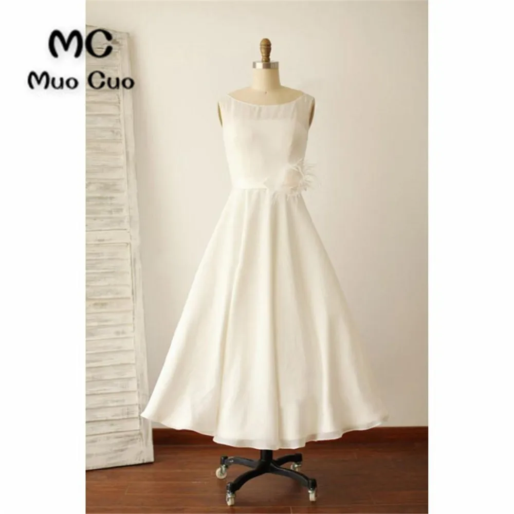 Ivory Illusion Boat Neck Tea Length Sleeveless Wedding Dresses