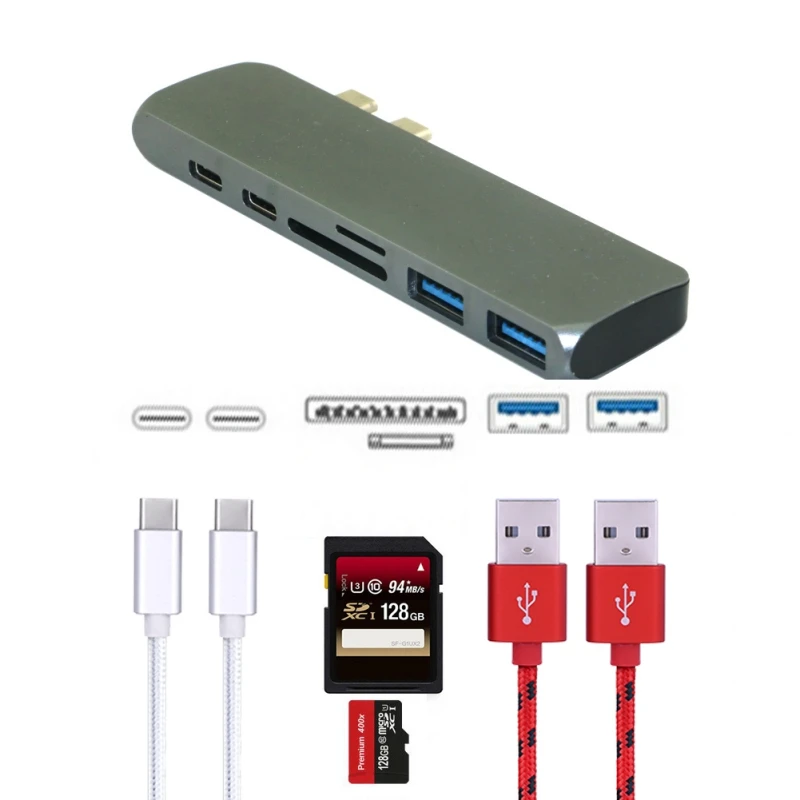 

7 in 1 Dual USB-C HUB with 4K HD Type-C PD Charging SD TF Card reader for Macbook Pro