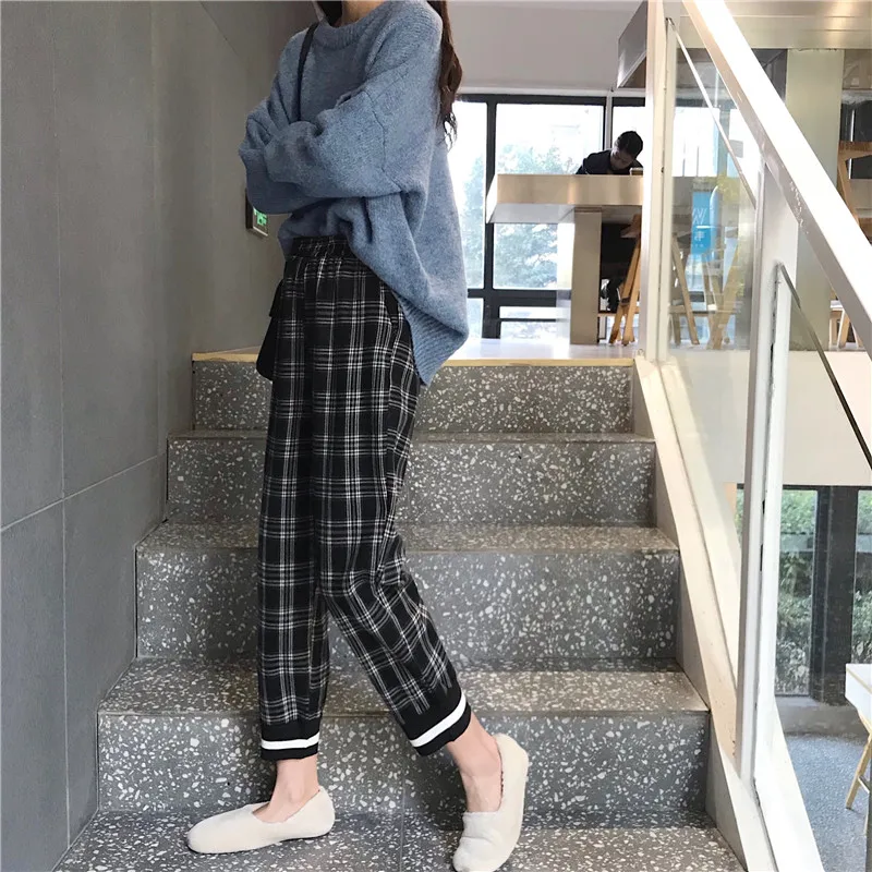 Woherb повседневные клетчатые штаны для женщин корейские свободные прямые Джоггеры для девочек Harajuku уличная одежда винтажные брюки длиной до щиколотки 22681
