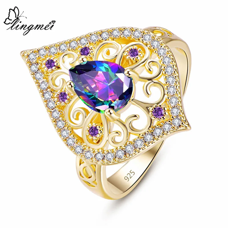 Lingmei для женщин и мужчин модные свадебные ювелирные изделия грушевидной огранки многоцветный& синий& фиолетовый циркон серебро желтый позолоченное кольцо Размер 6 7 8 9 - Цвет основного камня: Многоцветный