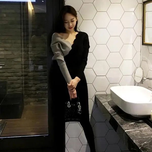 

2019 new women's V-neck knit sweater long sweater dress Winter Spring New Fashion Vestidos DC14