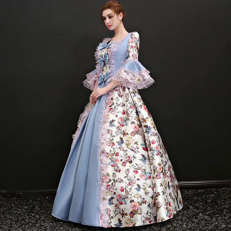 New Arrival Light Blue Square Collar Half Flare Sleeve Floral Printed Pattern European Court Marie Antoinette Long Party Dresses