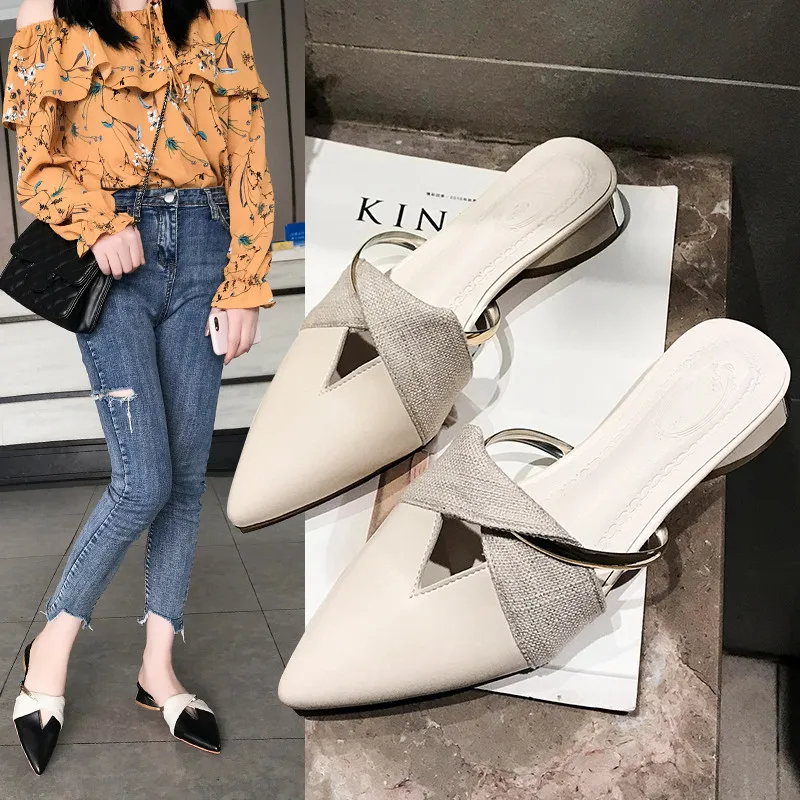 

Shoes Women Square heel Heeled Mules Designer Slides Flat Slippers Med Multicolored Sandals Pointed Toe Soft Luxury 2019