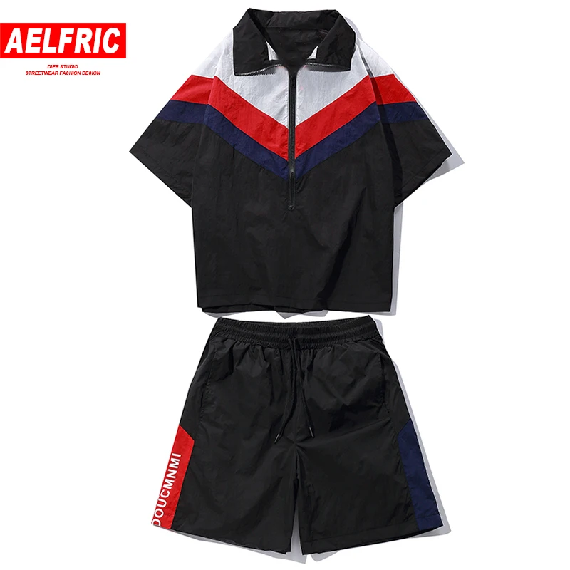 

AELFRIC 2018 Summer Set Tracksuit Men 2PC Sporting Suit Short Sleeve T Shirt+Shorts Two Pieces Sets Quick Drying Beach Wear FC23
