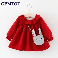 Gemtot платья для маленьких девочек 2017 с воротником О-образным вырезом Puff длинный рукав платье для малышей + кролик кулон 2 шт. детская одежда