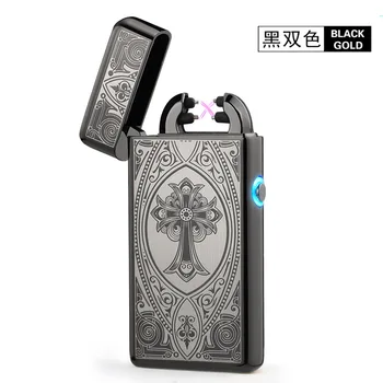 Noble Thin 11mm LED Smoke Cross Double Arc Lighter USB Pulse Cigar Lighters Men Cigarette lighter Box Gift-8014