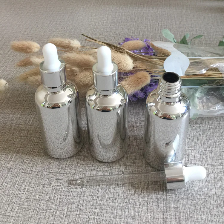 50pieces/lot 50ml High temperature silver plated dropper bottle , silver glass 50ml essentical oil dropper container wholesale