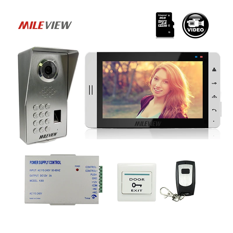 

FREE SHIPPING 7" LCD Monitor Record Video Intercom Door bell Phone System Waterproof Fingerprint Code Keypad Unlock Door Camera