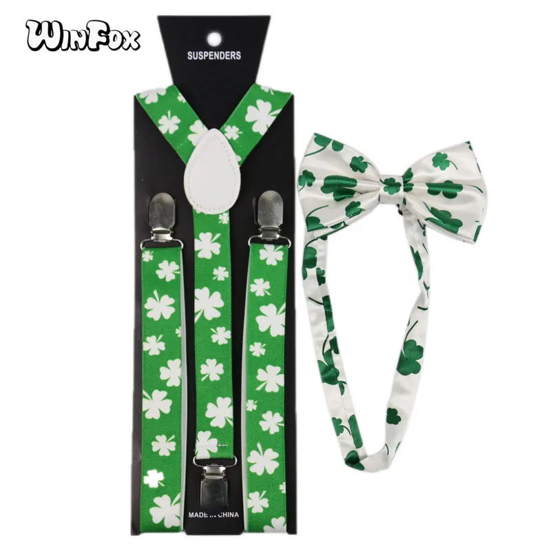 

Winfox Fashion 2.5cm Wide Green White Big Leaf Clover Man's Suspenders Bowtie Set Women Men Suspenders Braces Bow Tie