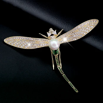 

Creative Brooch Green Moveable Tail Dragonfly Brooches Pins Rhinestone Creative Insect Broach Vintage Style Large Broche Gifts
