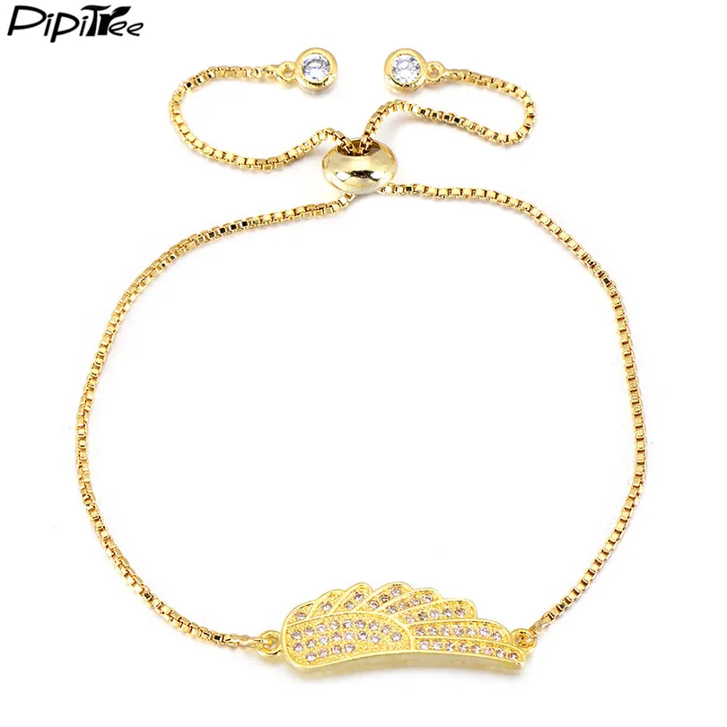 gold Pipitree Прекрасный перо крыло браслет белое золото цвет цепи микро кубический цирконий камень регулируемые браслеты женские ювелирные изделия - Окраска металла: gold