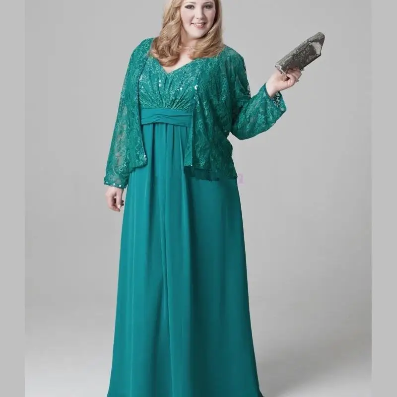 Plus Size Emerald Green Mother Of The Bride Dresses Lace Chiffon Plus Size Emerald Green Mother Of The Bride Dresses Lace Chiffon Evening Party Gown For Mom With Jacket V Neck Floor Length In