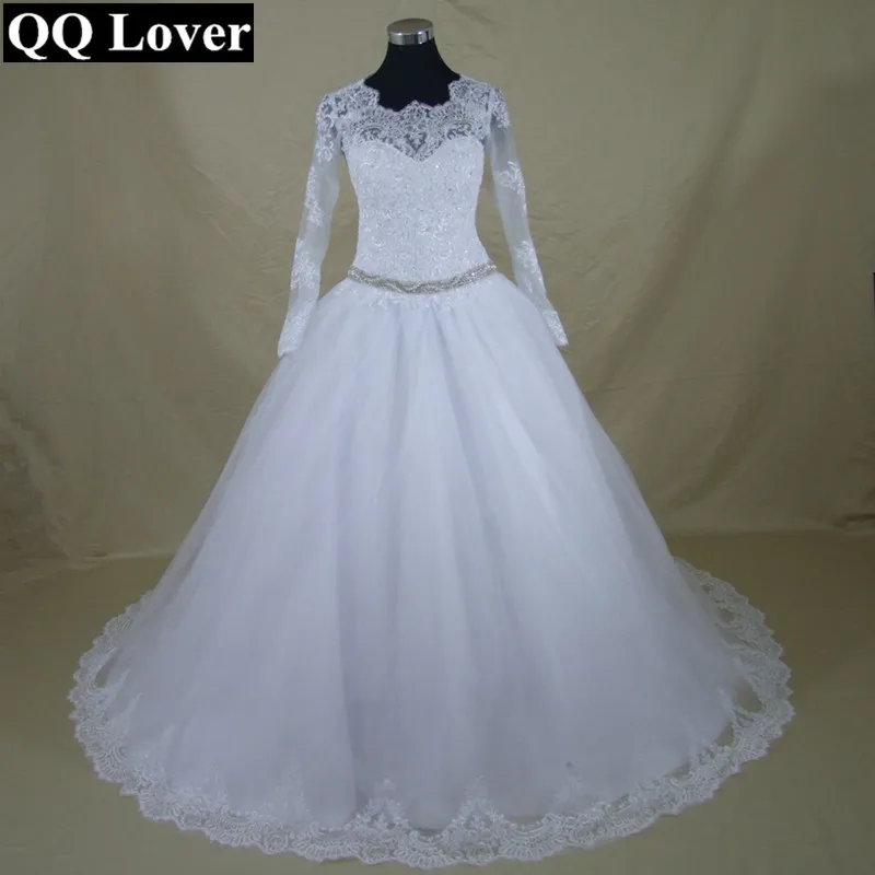 QQ Lover 2019 Hot Sale Sweet Angel Beaded A Line Long Sleeve Lace Wedding Dress Vestido De Noiva Robe Mariage Bride | Свадьбы и