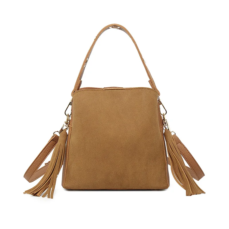 Женская Замшевая сумка на плечо с кисточками, Женские винтажные сумки через плечо для женщин, нубук, сумка-мешок, Дизайнерские повседневные сумки