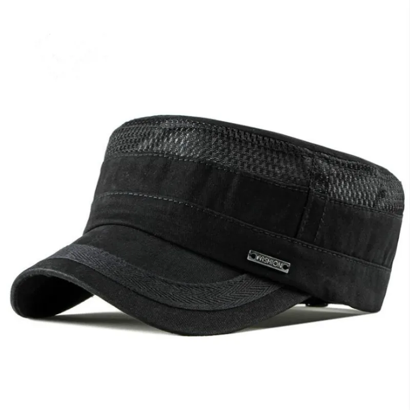 Лоскутная сетчатая военная шляпа, винтажная хлопковая летняя кепка с плоским верхом, дышащая плоская мужская Кепка Snapback, уличная спортивная Кепка для водителя грузовика - Цвет: Черный