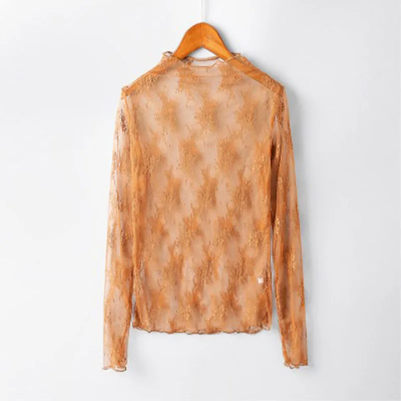 Fashion White Lace See through Crop Shirt Women Round Neck Long Sleeve