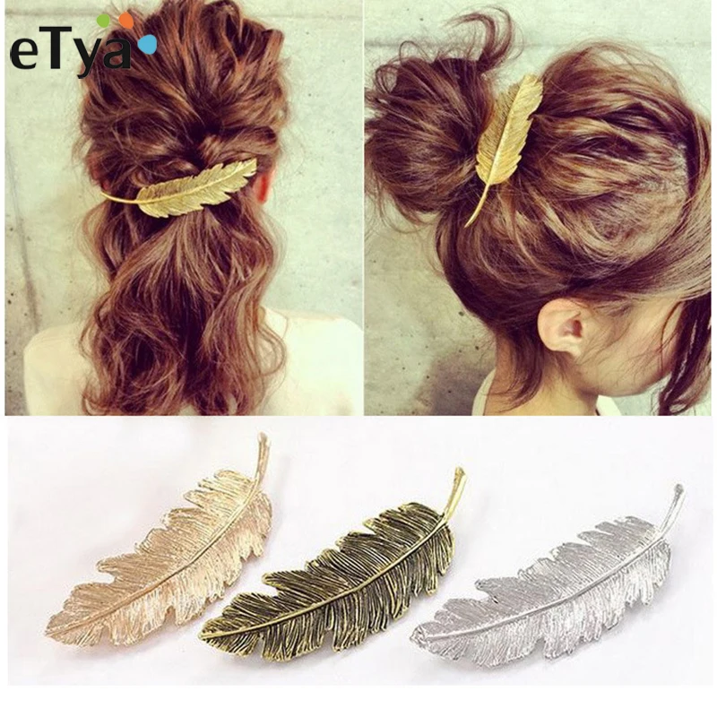 

eTya Beautiful Women Hair Clips Vintage Gold&Silver Metal Leaf Feather Shape Hairpin Barrettes Jewelry Headwear Hair Accessories