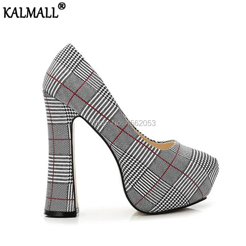 

KALMALL Plus Size 45 Slip On Tacones Plataforma Banquet Party Shoes Sexy Fetish Ladies Chunky Pumps Plaid Extreme High Heels