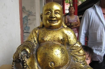 

Tibet Buddhism Old Bronze Copper Gild Lucky Money Maitreya Buddha Statue