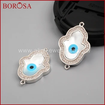

BOROSA Hamsa Hand Silver Color Evil Eye Mother Of Pearl Connector Double Bails for Bracelets DIY Jewelry Making WX005