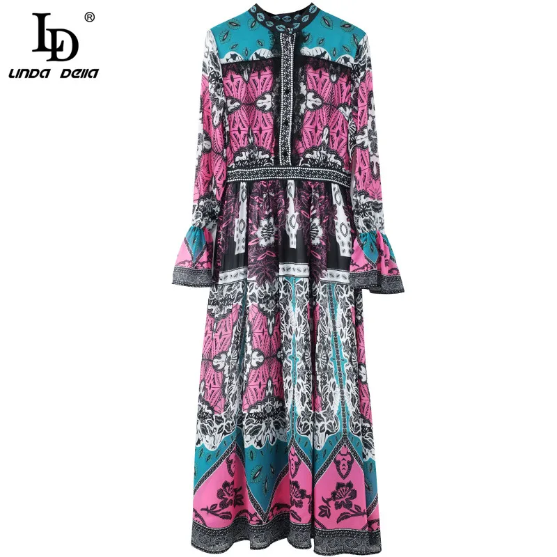 LD LINDA делла модное подиумное осеннее платье с длинным рукавом женское кружевное лоскутное многоцветное винтажное ретро платье с цветочным принтом
