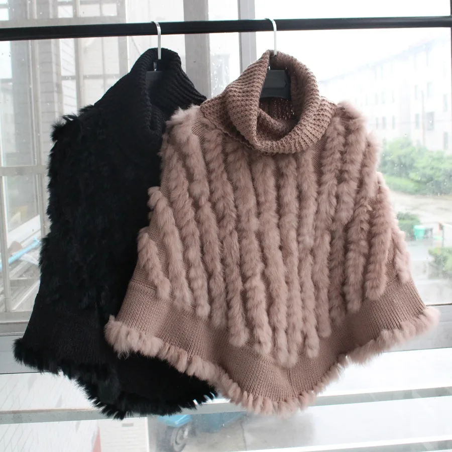 

femme natural knitted rabbit fur poncho with high collar women Fashion Pullover female Real Fur Knit Wraps Triangle Shawls Coat