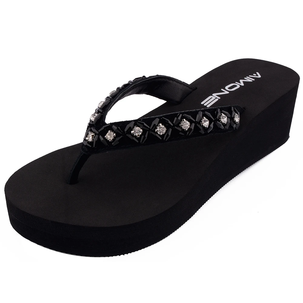 

AIMONE Womens Habib Flower Crystal Mid Heel Flip Flop Sandals Beach Slippers Shoes Summer Sandals Flip Flops Lady Wedges Shoes