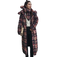 Зимние пальто, женская клетчатая хлопковая куртка с принтом, длинное пальто, Студенческая куртка с хлопковой подкладкой, Женская Толстая теплая куртка с капюшоном и шарфом, топы N261
