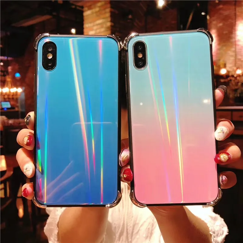 

Summer Rainbow Colorful Glass hard cover cases for apple iphone 6 S 6S plus 7 7plus 8 8plus X Falling laser Blu-ray phone case