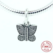 FL161 стерлингового серебра 925 Шарм Подходит Pandora Браслеты и ожерелье Весна Бабочка серьги кулон с прозрачным CZ микро проложить