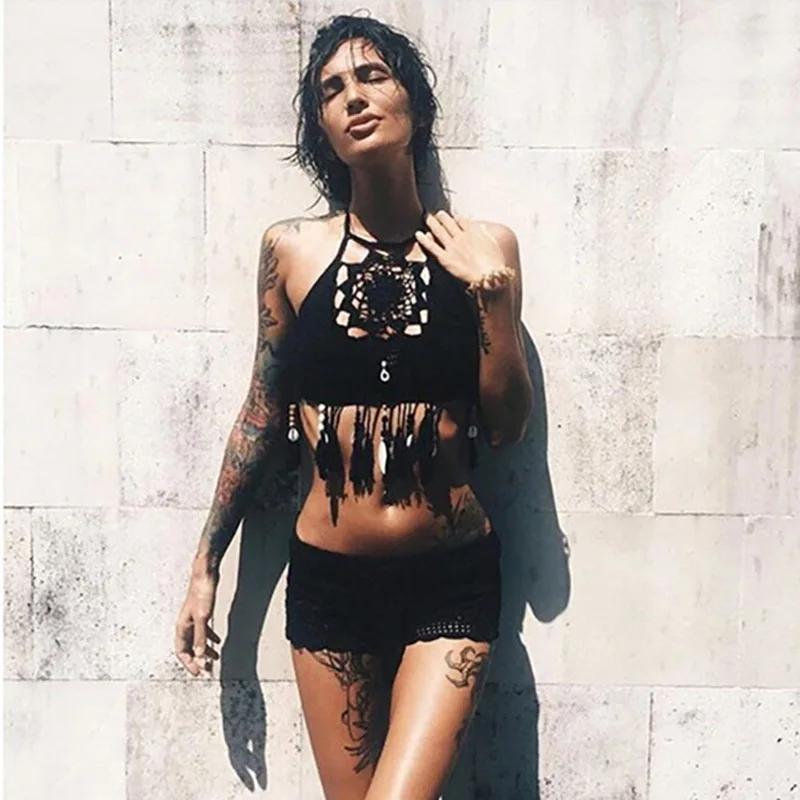 2019 diseño borla hueco de punto traje de baño Bikinis Bohemia mujeres traje de baño Sexy Tankini damas trajes de baño