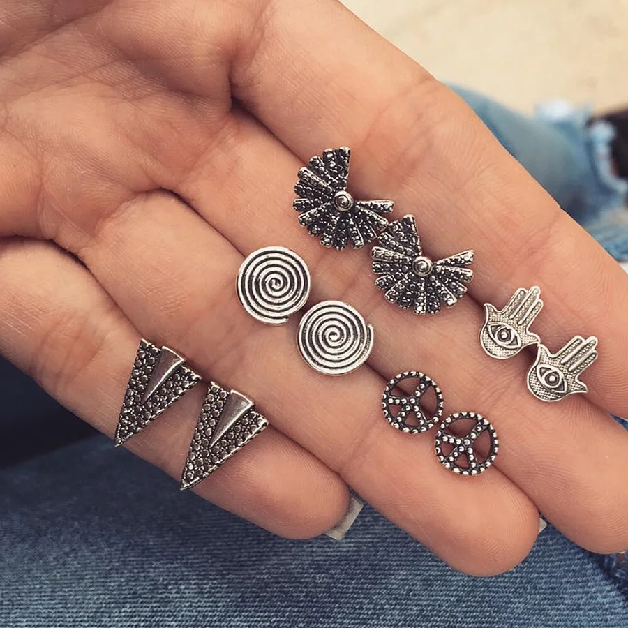 

RAVINOUR Pendientes Mujer Moda Punk Stud Earring Set Ethnic Geometry Palm Peace Earrings for Women Jewelry Turkish Ear Clip 2018